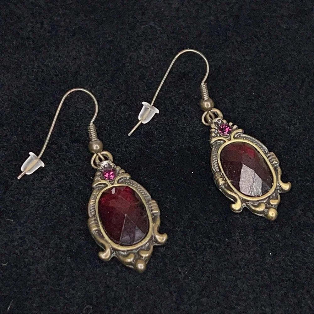 Victorian Style Dangle Earrings Bronze Look Deep Red Burgundy Boho Bohemian